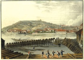 Pohled na Petřín z jižní části Malé Strany, rok 1830. Reprodukce: archiv Muzea hlavního města Prahy.